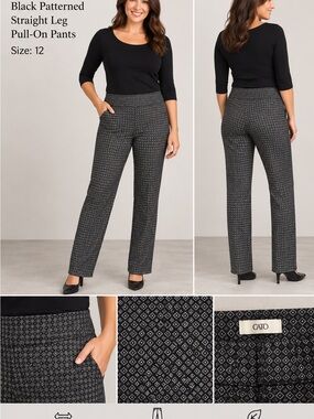 Cato Black Patterned Straight Leg Pull-On Pants